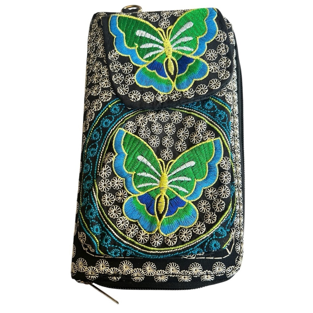 Unbranded Boho Style Crossbody Wallet Embroidered Butterfly Black Green Blue